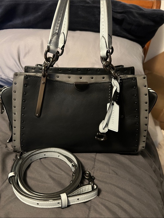 Coach Handbags - Coach Dreamer 27 Black, Light Gray, and Baby Blue Studded Leather Satchel